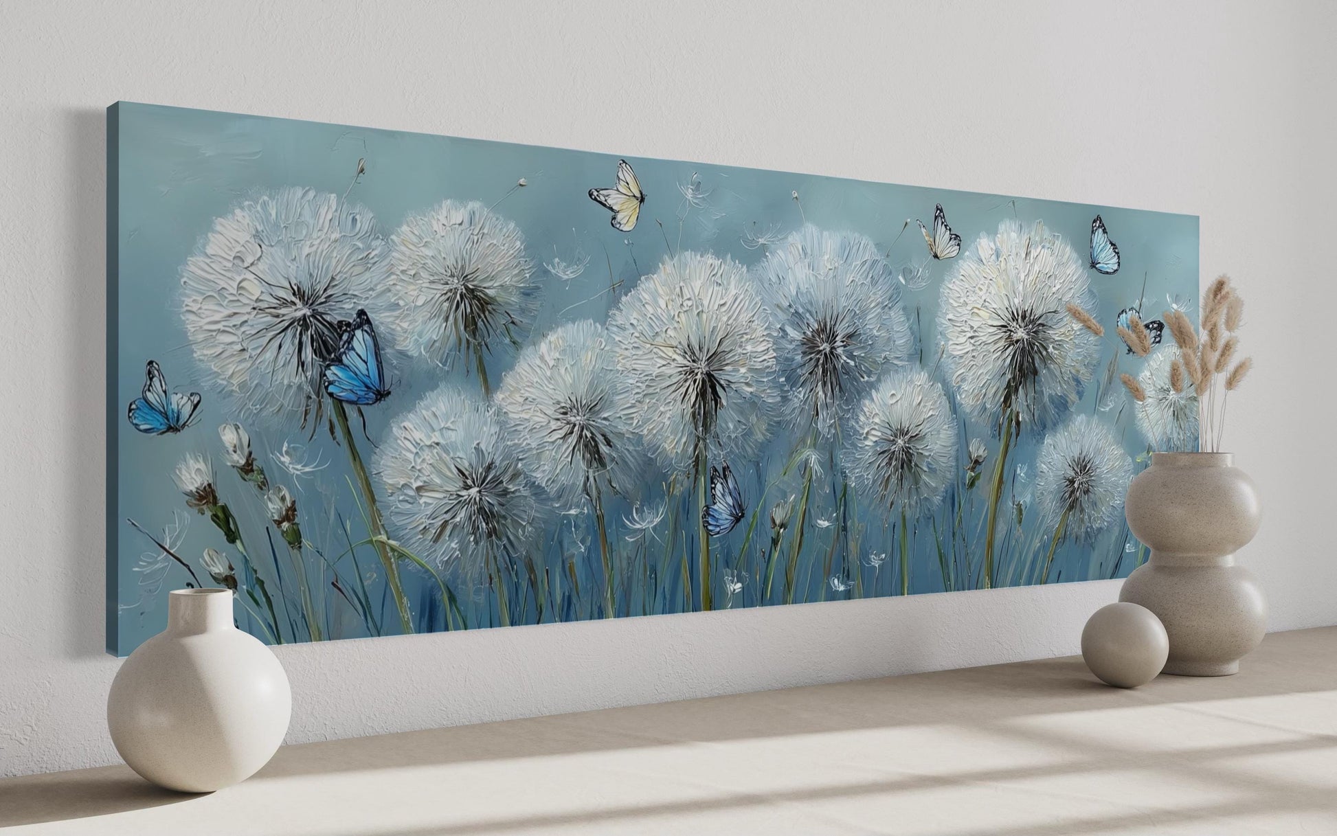 Light Blue Dandelions And Butterflies Horizontal Framed Canvas Wall Art