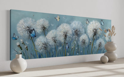 Light Blue Dandelions And Butterflies Horizontal Framed Canvas Wall Art