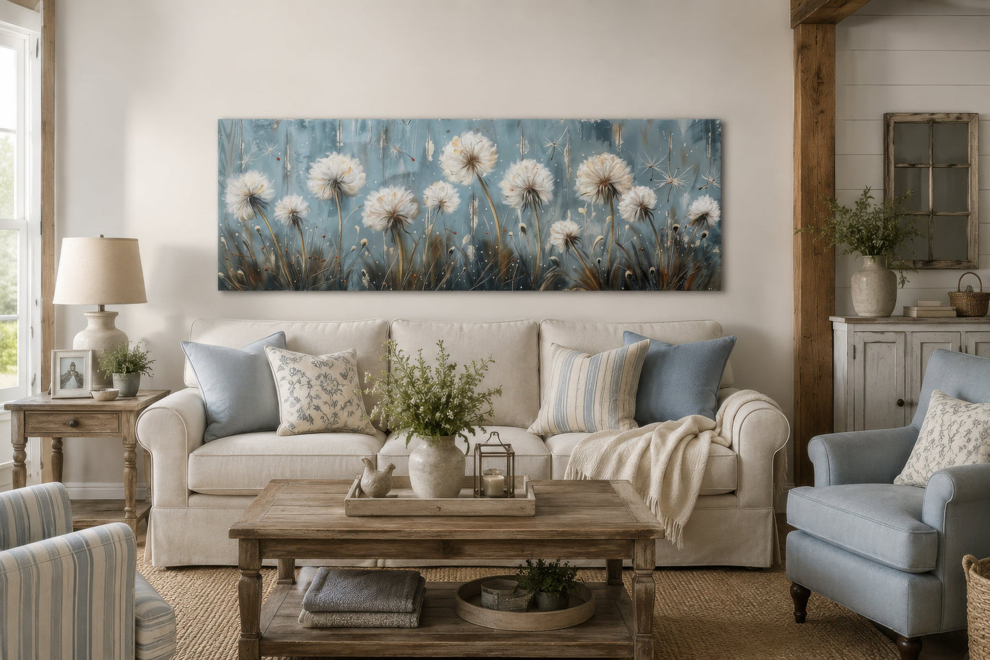 Light Blue Dandelions And Butterflies Horizontal Framed Canvas Wall Art