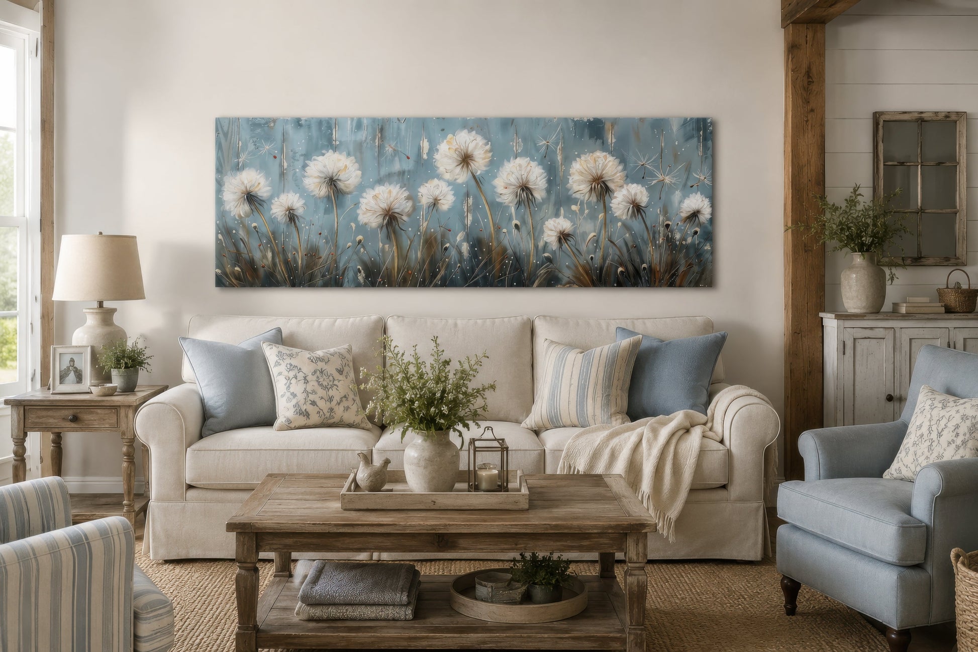 Light Blue Dandelions And Butterflies Horizontal Framed Canvas Wall Art