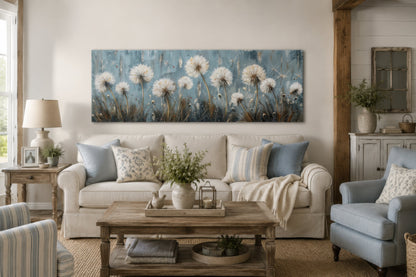 Light Blue Dandelions And Butterflies Horizontal Framed Canvas Wall Art