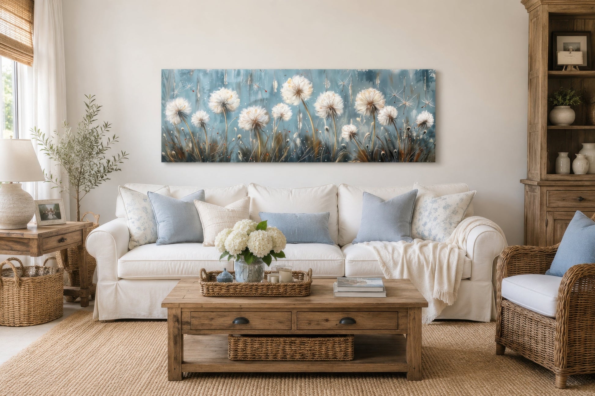 Light Blue Dandelions And Butterflies Horizontal Framed Canvas Wall Art