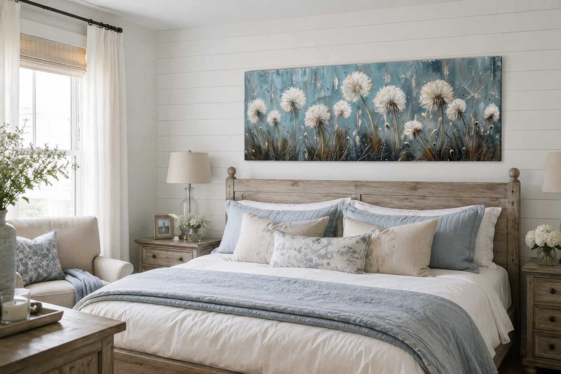 Light Blue Dandelions And Butterflies Horizontal Framed Canvas Wall Art