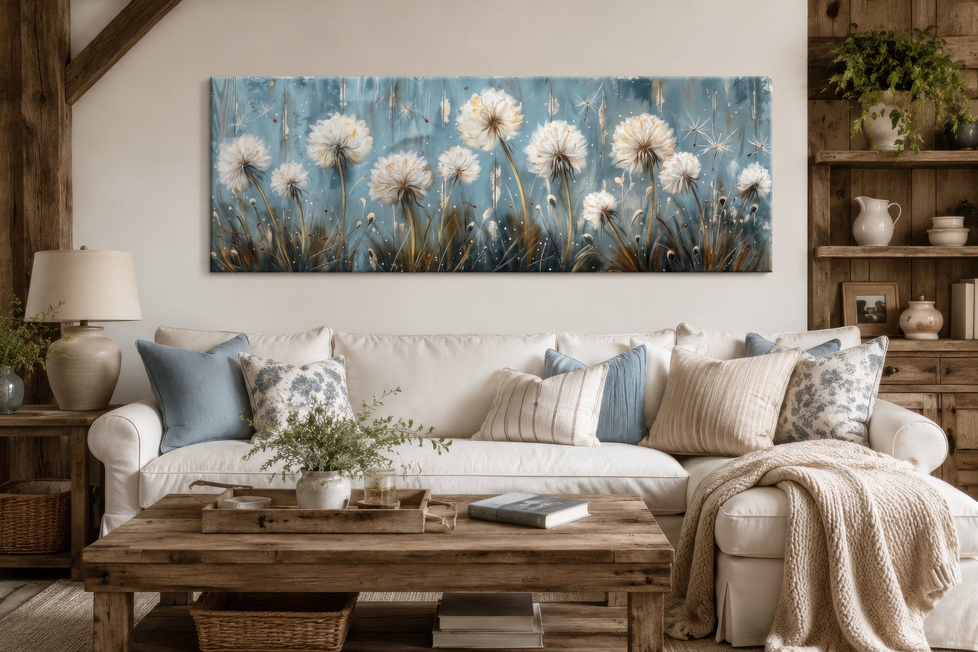 Light Blue Dandelions And Butterflies Horizontal Framed Canvas Wall Art