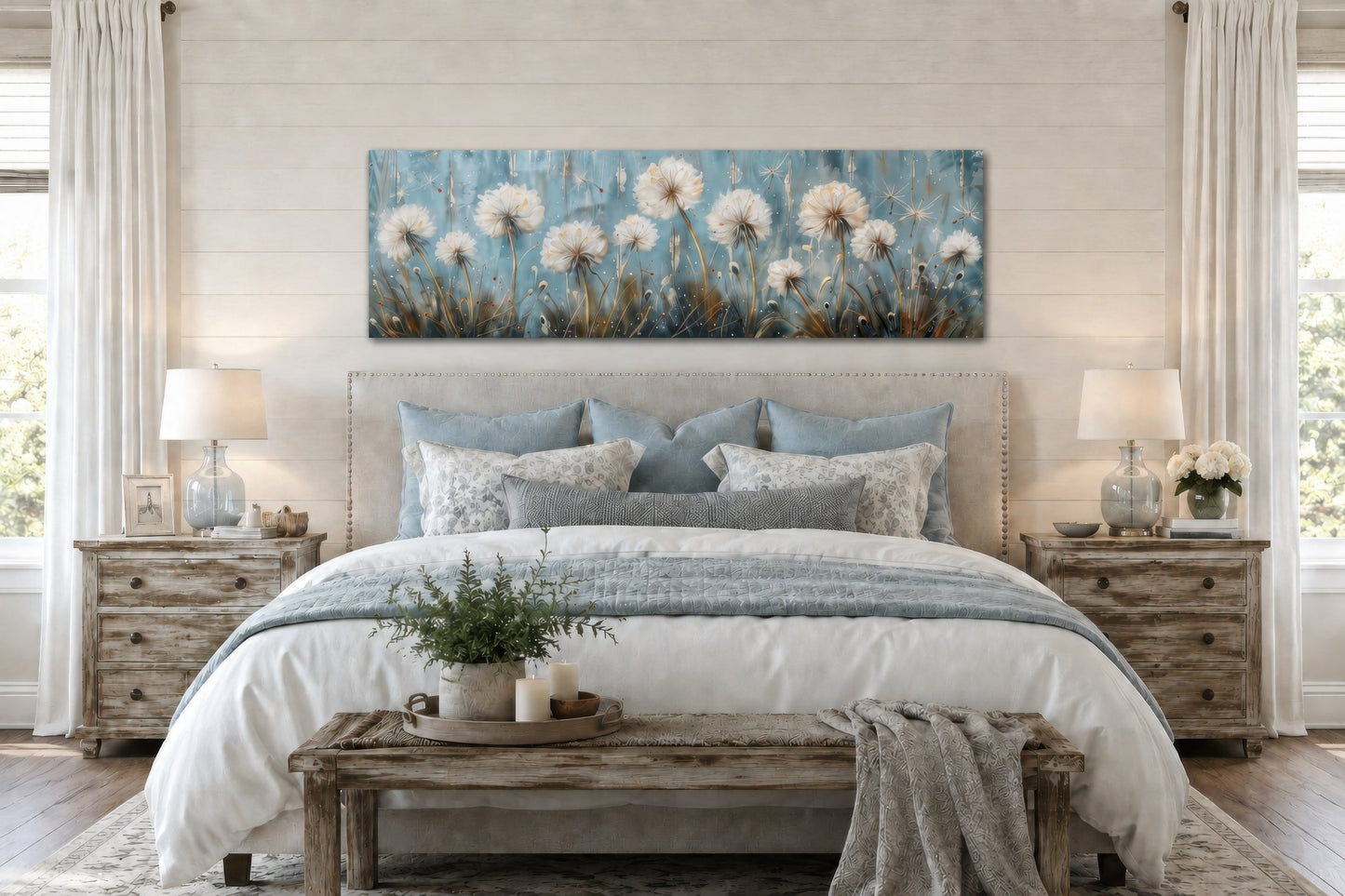 Light Blue Dandelions And Butterflies Horizontal Framed Canvas Wall Art