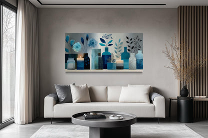 Light Blue Teal Floral, Bottles & Candle Abstract Wall Art