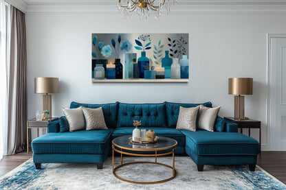 Light Blue Teal Floral, Bottles & Candle Abstract Wall Art