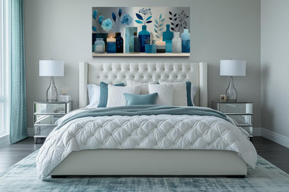 Light Blue Teal Floral, Bottles & Candle Abstract Wall Art