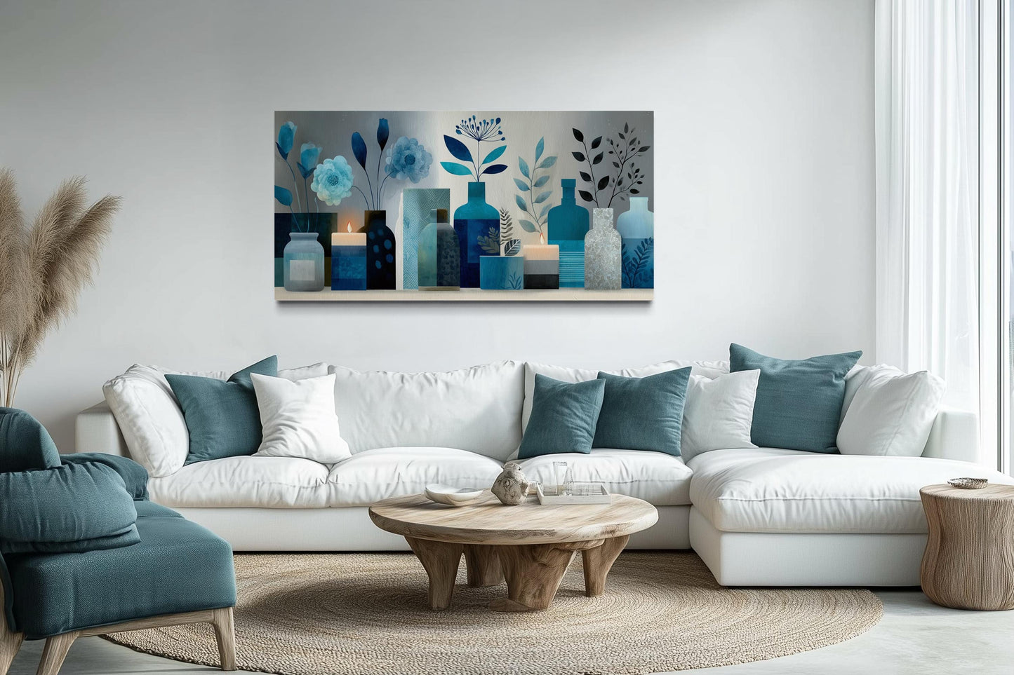 Light Blue Teal Floral, Bottles & Candle Abstract Wall Art