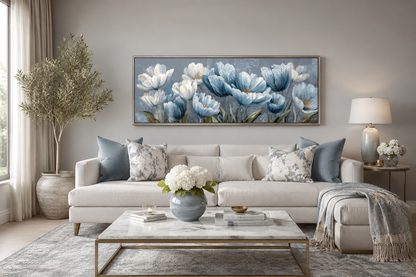 Light Blue Abstract Flowers Long Horizontal Wall Art For Above Bed Or Couch