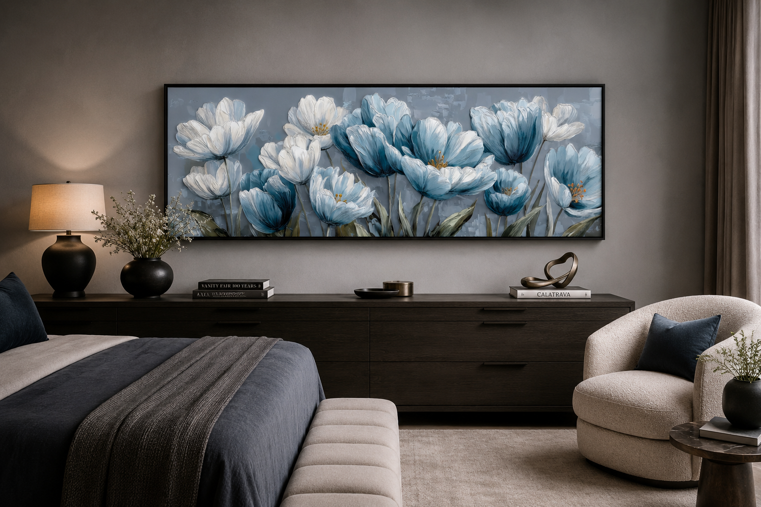 Light Blue Abstract Flowers Long Horizontal Wall Art For Above Bed Or Couch