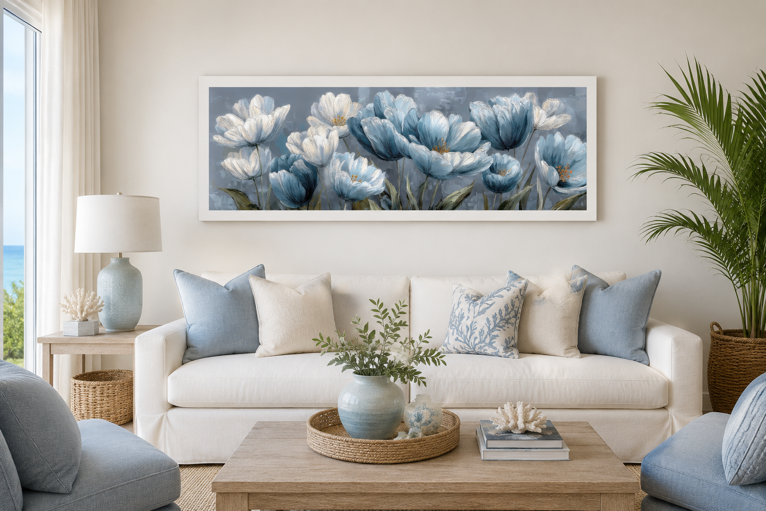 Light Blue Abstract Flowers Long Horizontal Wall Art For Above Bed Or Couch