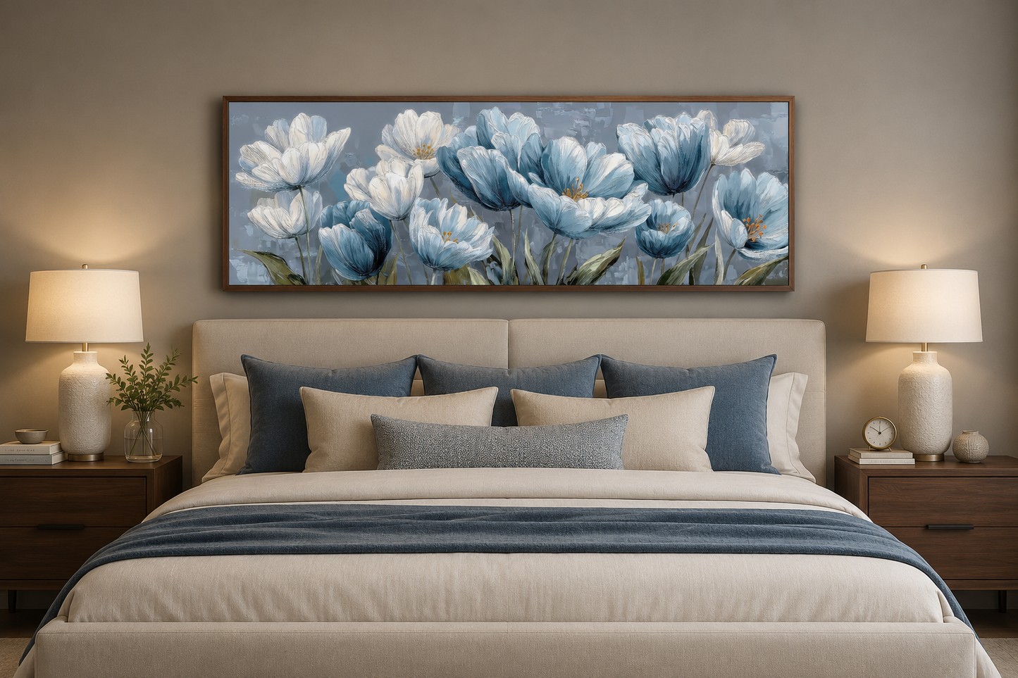 Light Blue Abstract Flowers Long Horizontal Wall Art For Above Bed Or Couch