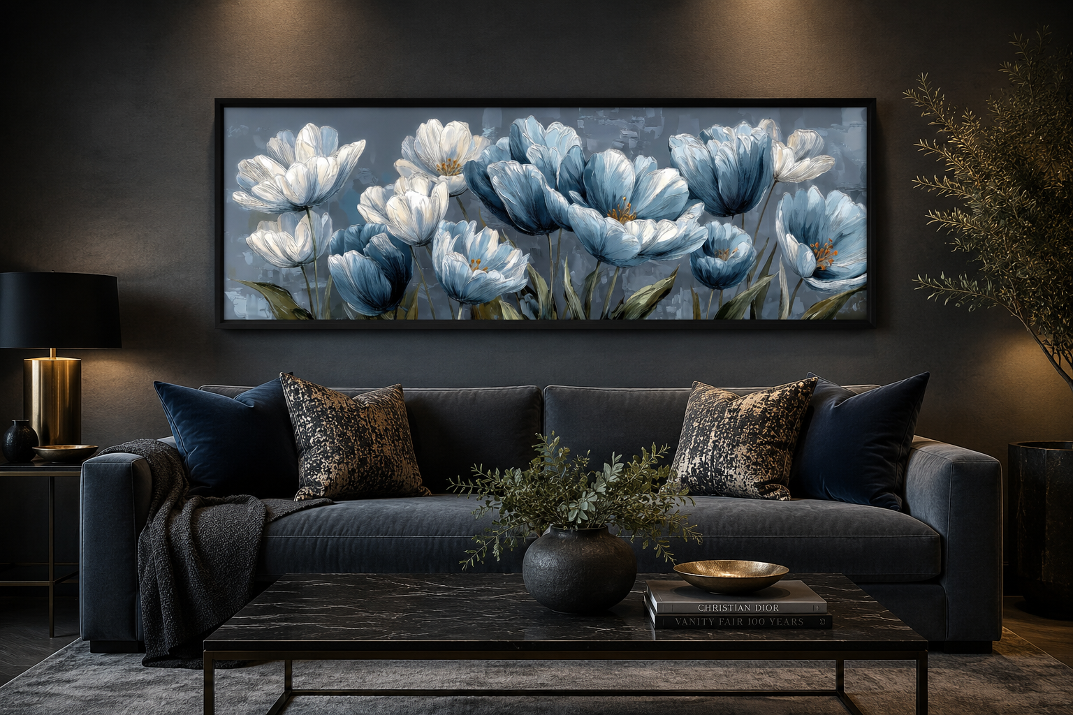 Light Blue Abstract Flowers Long Horizontal Wall Art For Above Bed Or Couch