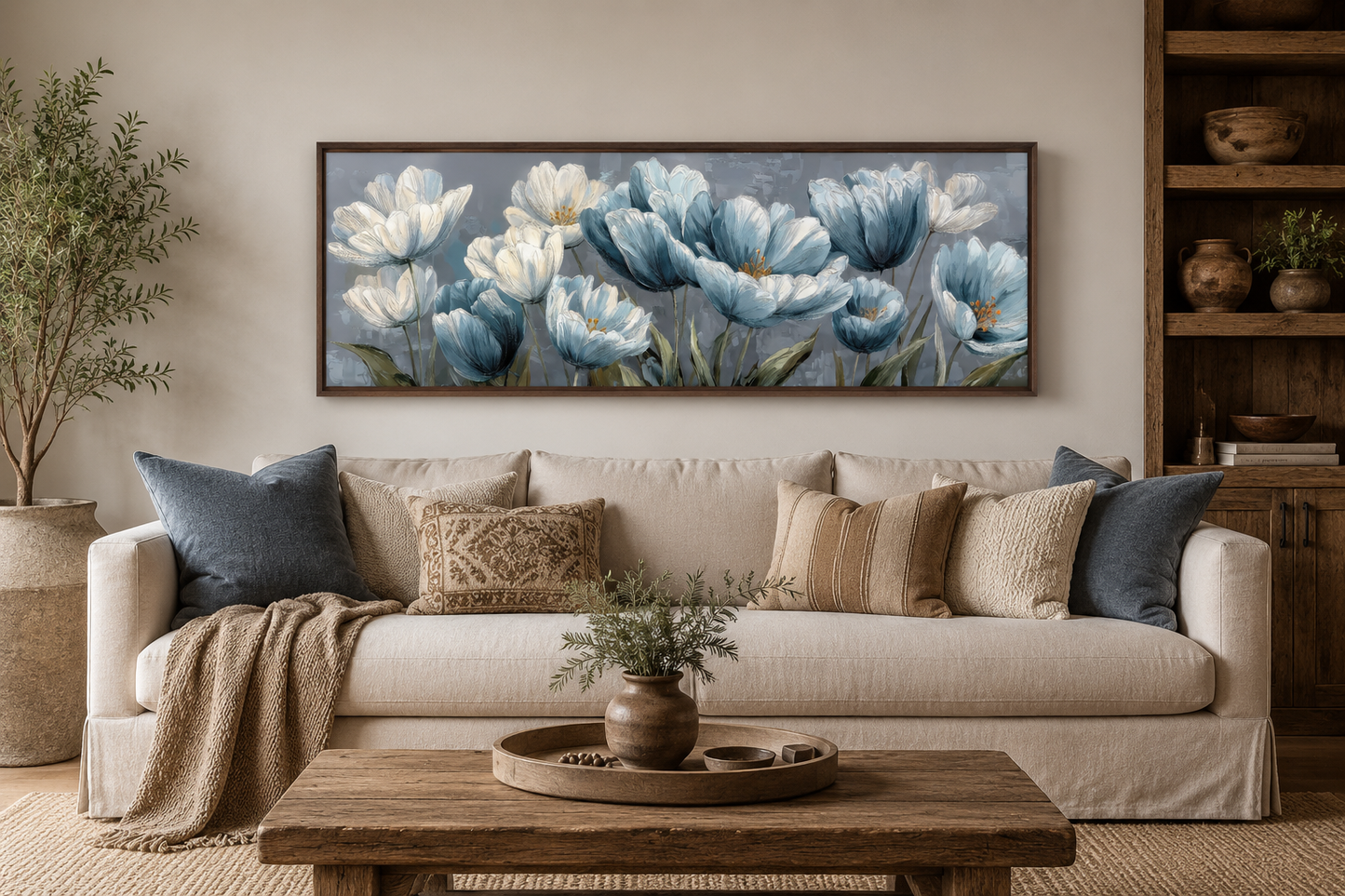 Light Blue Abstract Flowers Long Horizontal Wall Art For Above Bed Or Couch