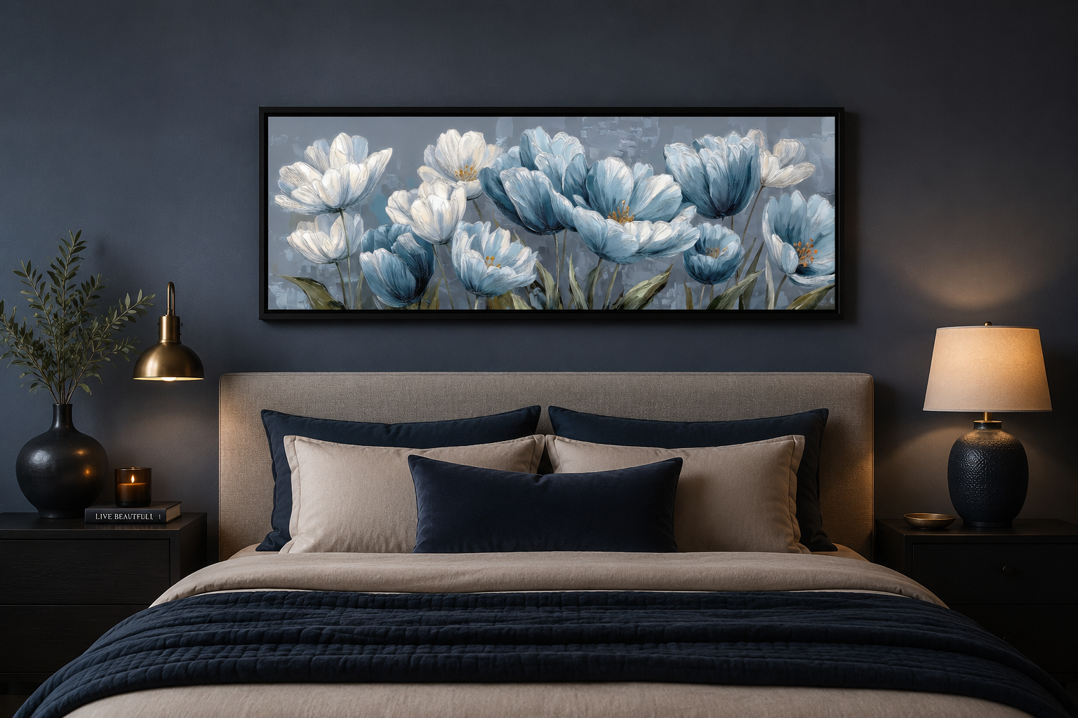 Light Blue Abstract Flowers Long Horizontal Wall Art For Above Bed Or Couch