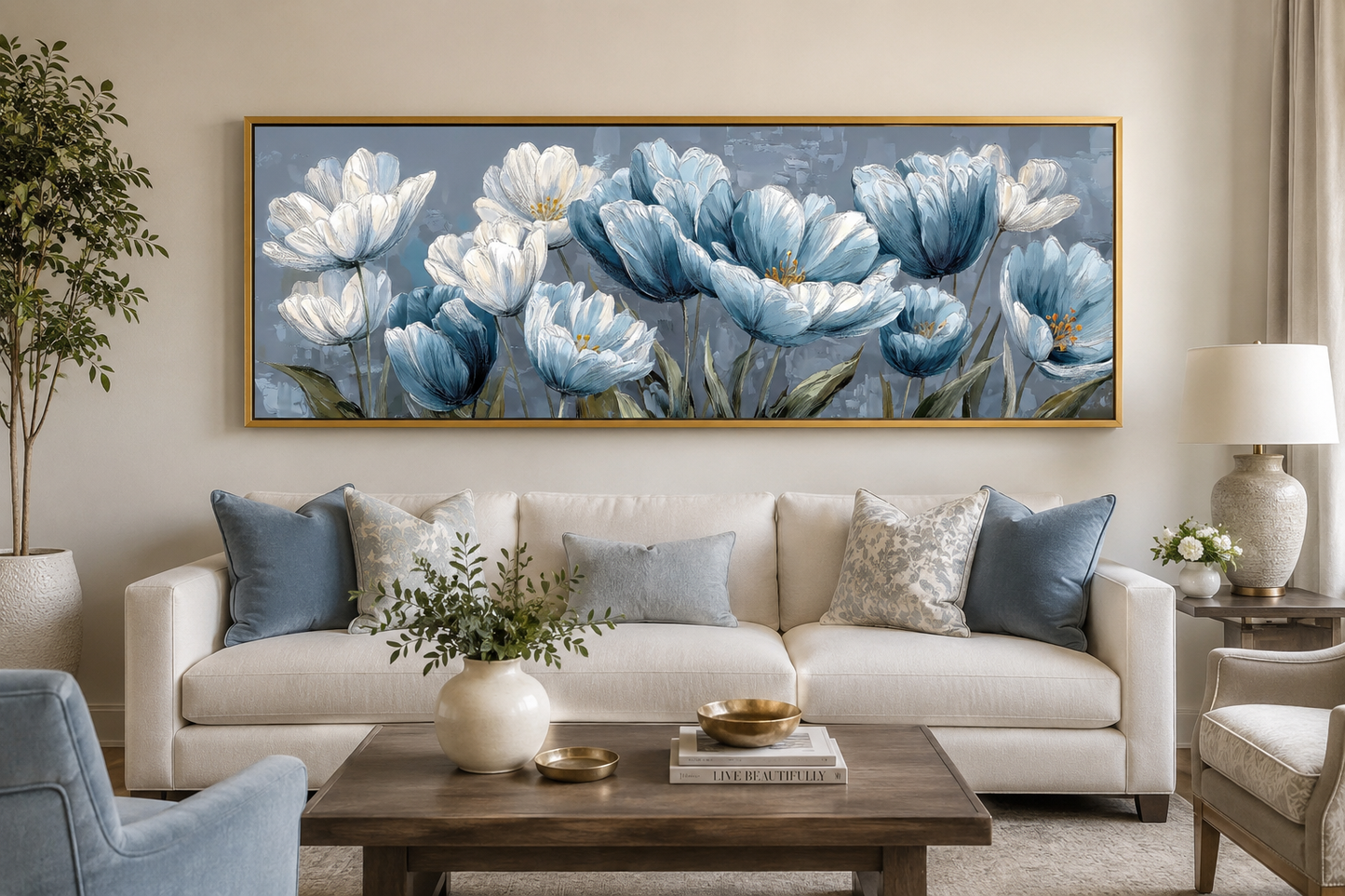 Light Blue Abstract Flowers Long Horizontal Wall Art For Above Bed Or Couch