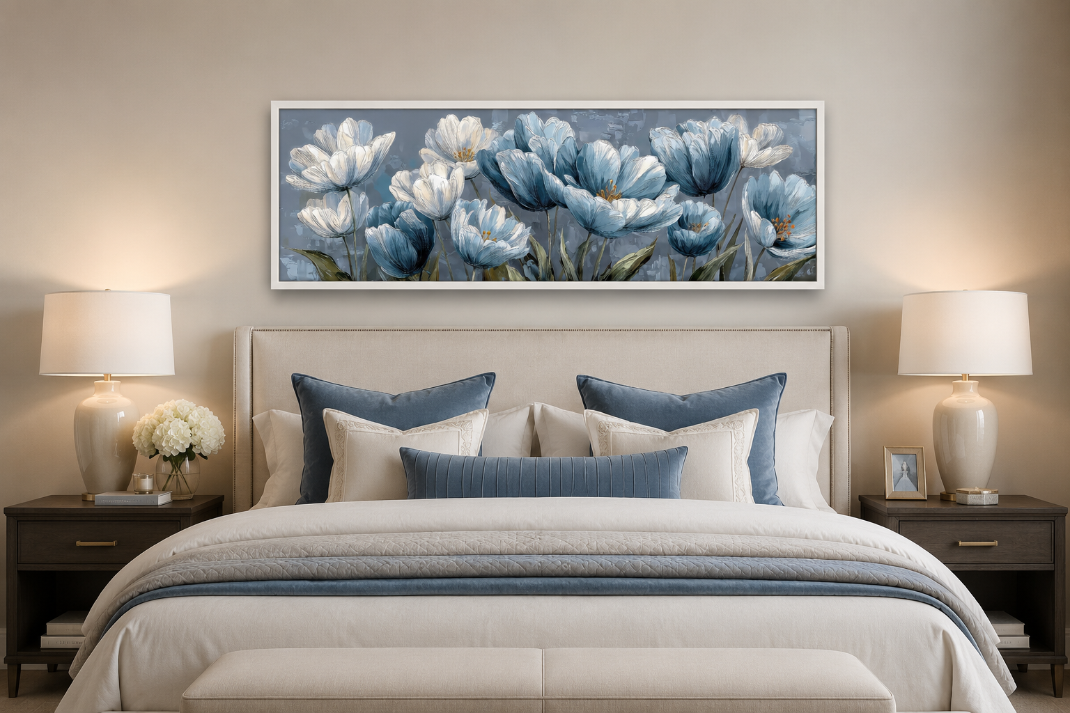 Light Blue Abstract Flowers Long Horizontal Wall Art For Above Bed Or Couch