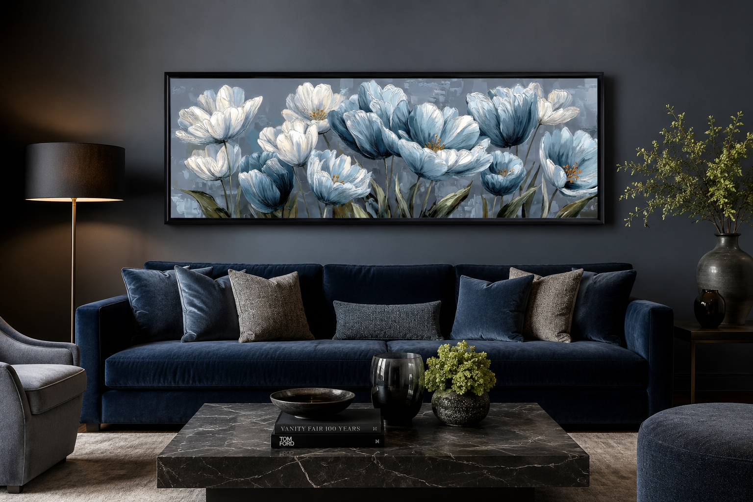 Light Blue Abstract Flowers Long Horizontal Wall Art For Above Bed Or Couch