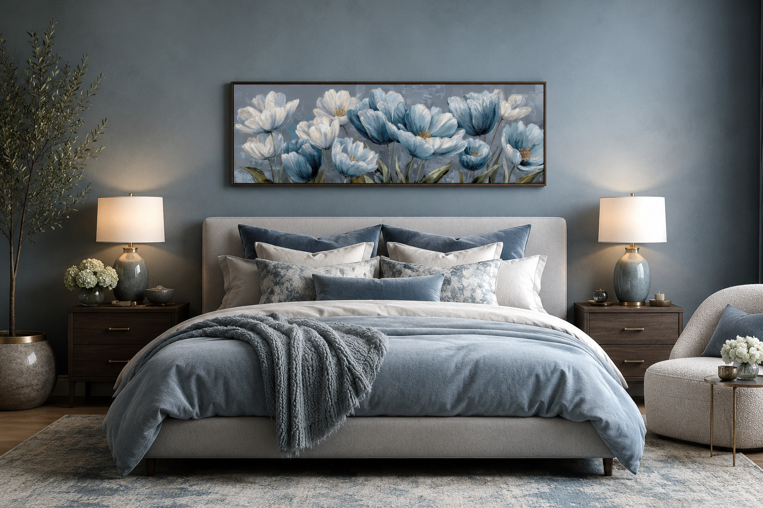 Light Blue Abstract Flowers Long Horizontal Wall Art For Above Bed Or Couch