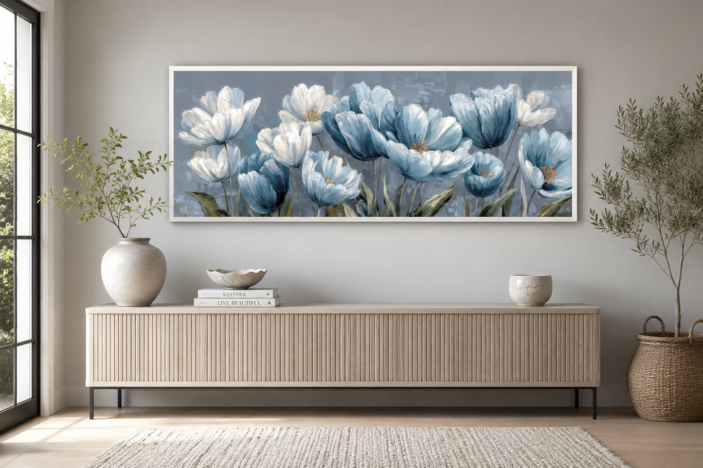 Light Blue Abstract Flowers Long Horizontal Wall Art For Above Bed Or Couch