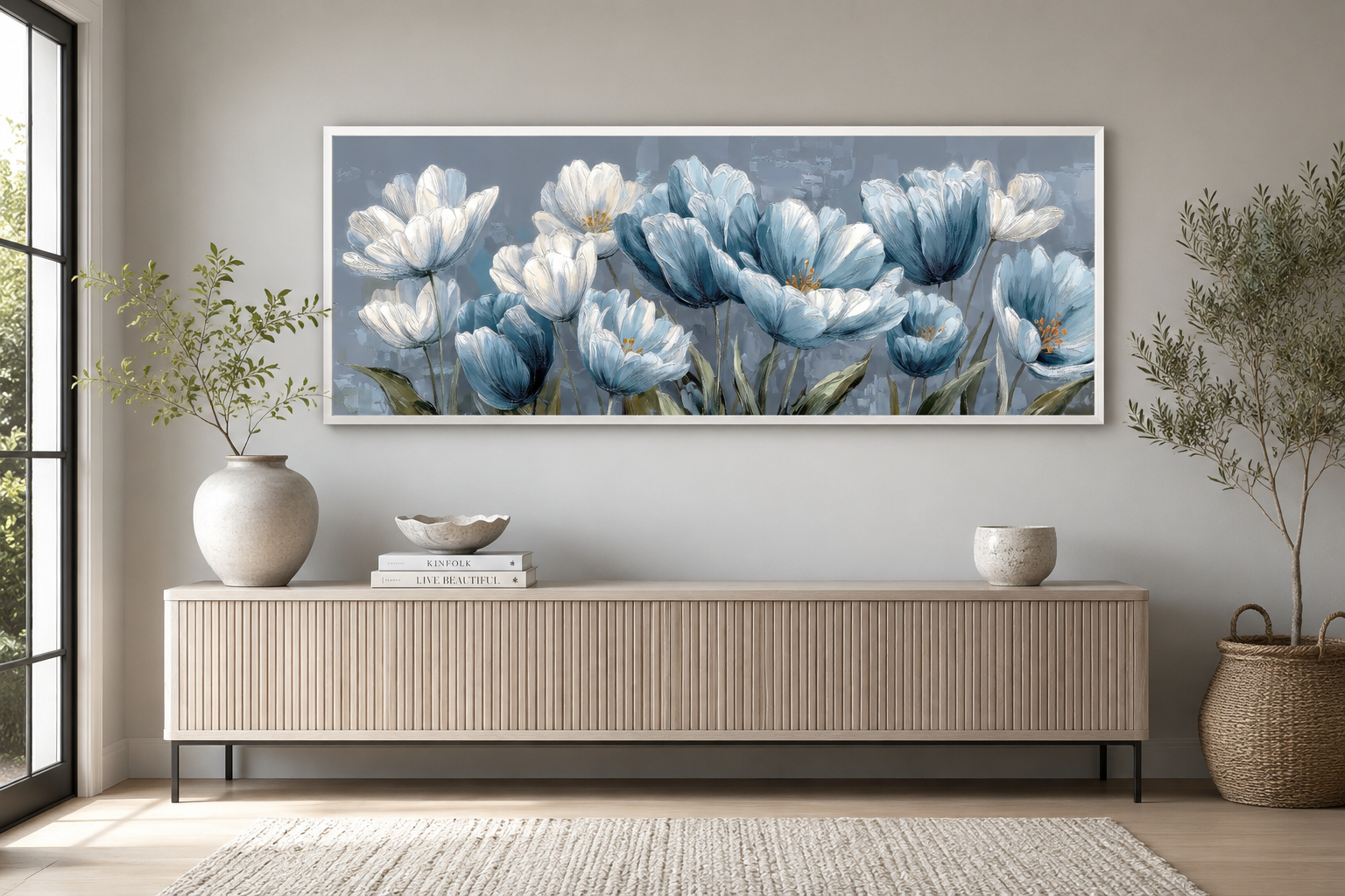 Light Blue Abstract Flowers Long Horizontal Wall Art For Above Bed Or Couch