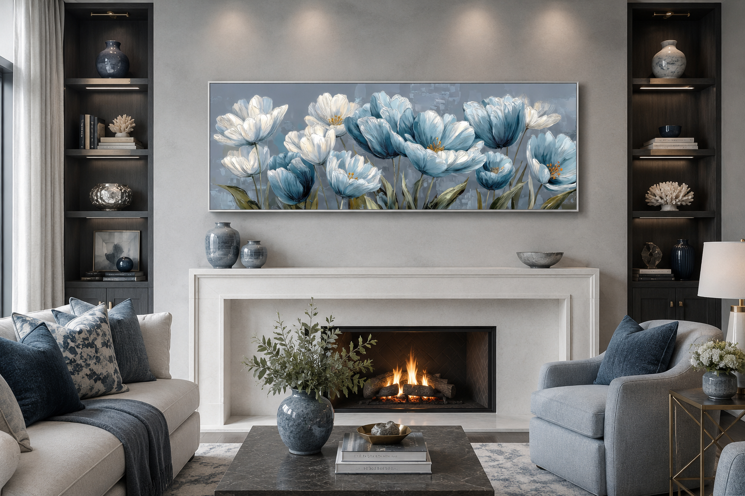 Light Blue Abstract Flowers Long Horizontal Wall Art For Above Bed Or Couch