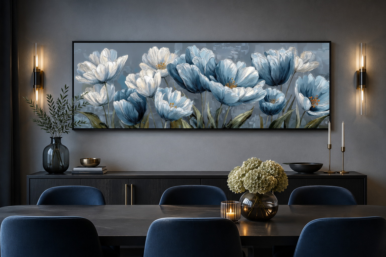 Light Blue Abstract Flowers Long Horizontal Wall Art For Above Bed Or Couch