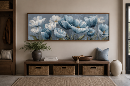 Light Blue Abstract Flowers Long Horizontal Wall Art For Above Bed Or Couch