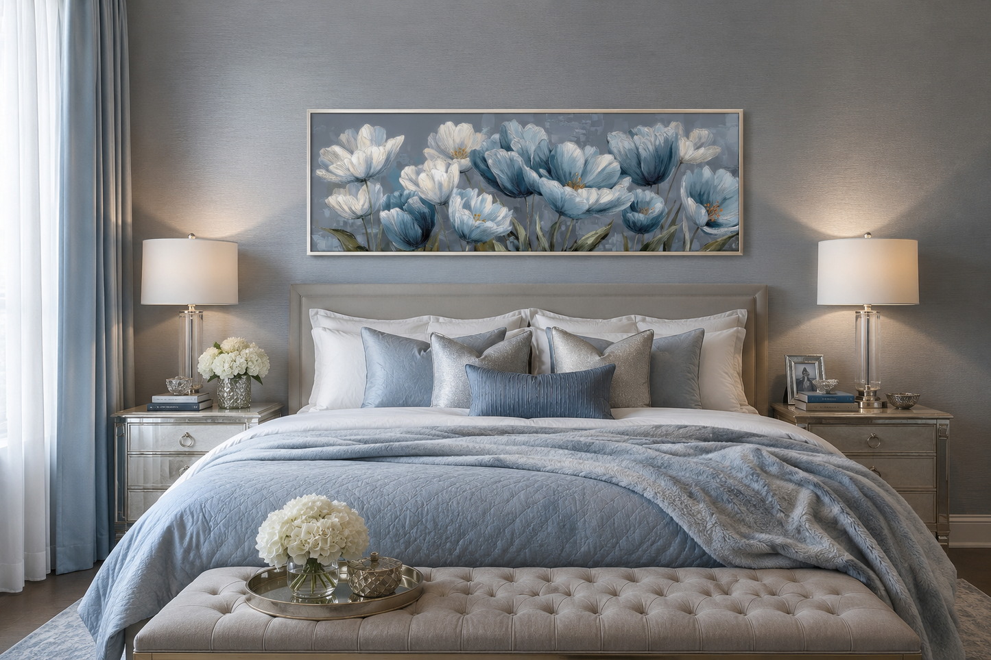 Light Blue Abstract Flowers Long Horizontal Wall Art For Above Bed Or Couch