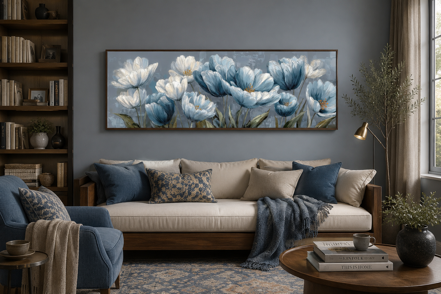 Light Blue Abstract Flowers Long Horizontal Wall Art For Above Bed Or Couch