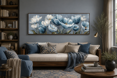 Light Blue Abstract Flowers Long Horizontal Wall Art For Above Bed Or Couch