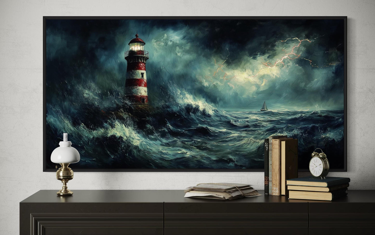 Lighthouse In Stormy Dramatic Ocean Waves Wall Art
