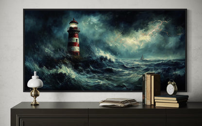 Lighthouse In Stormy Dramatic Ocean Waves Wall Art