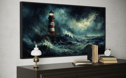 Lighthouse In Stormy Dramatic Ocean Waves Wall Art