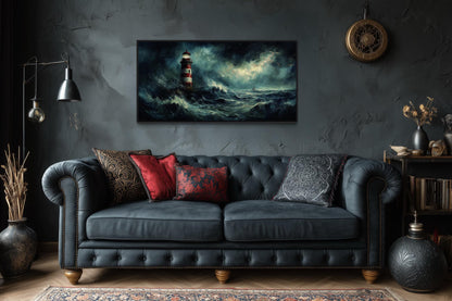 Lighthouse In Stormy Dramatic Ocean Waves Wall Art