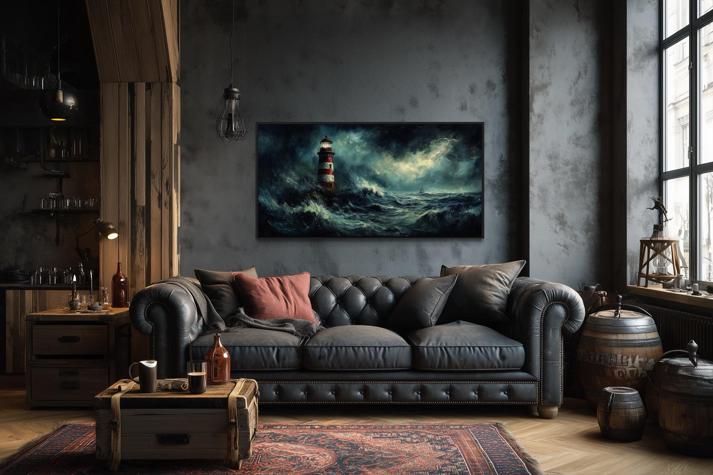 Lighthouse In Stormy Dramatic Ocean Waves Wall Art