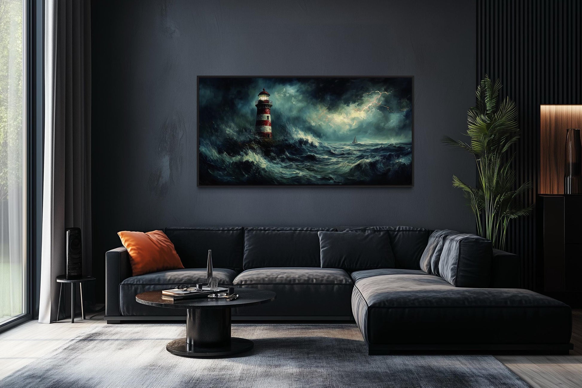 Lighthouse In Stormy Dramatic Ocean Waves Wall Art