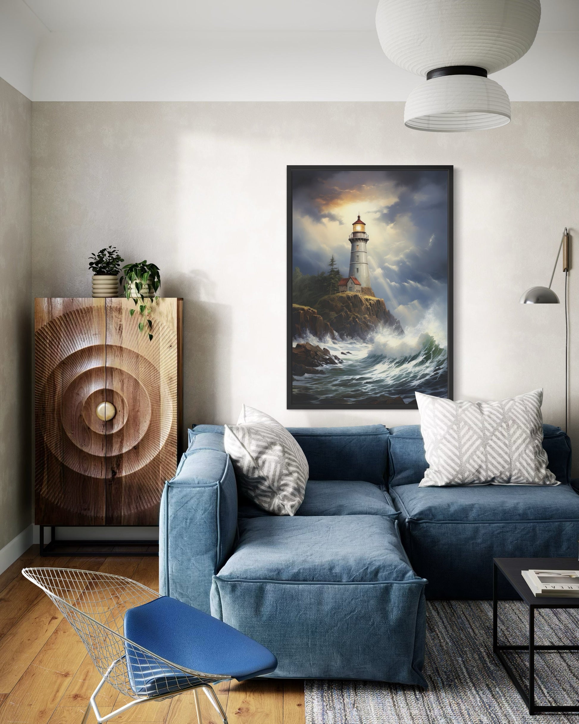 Lighthouse In Stormy Ocean Framed Nautical Canvas Wall Art