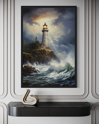 Lighthouse In Stormy Ocean Framed Nautical Canvas Wall Art