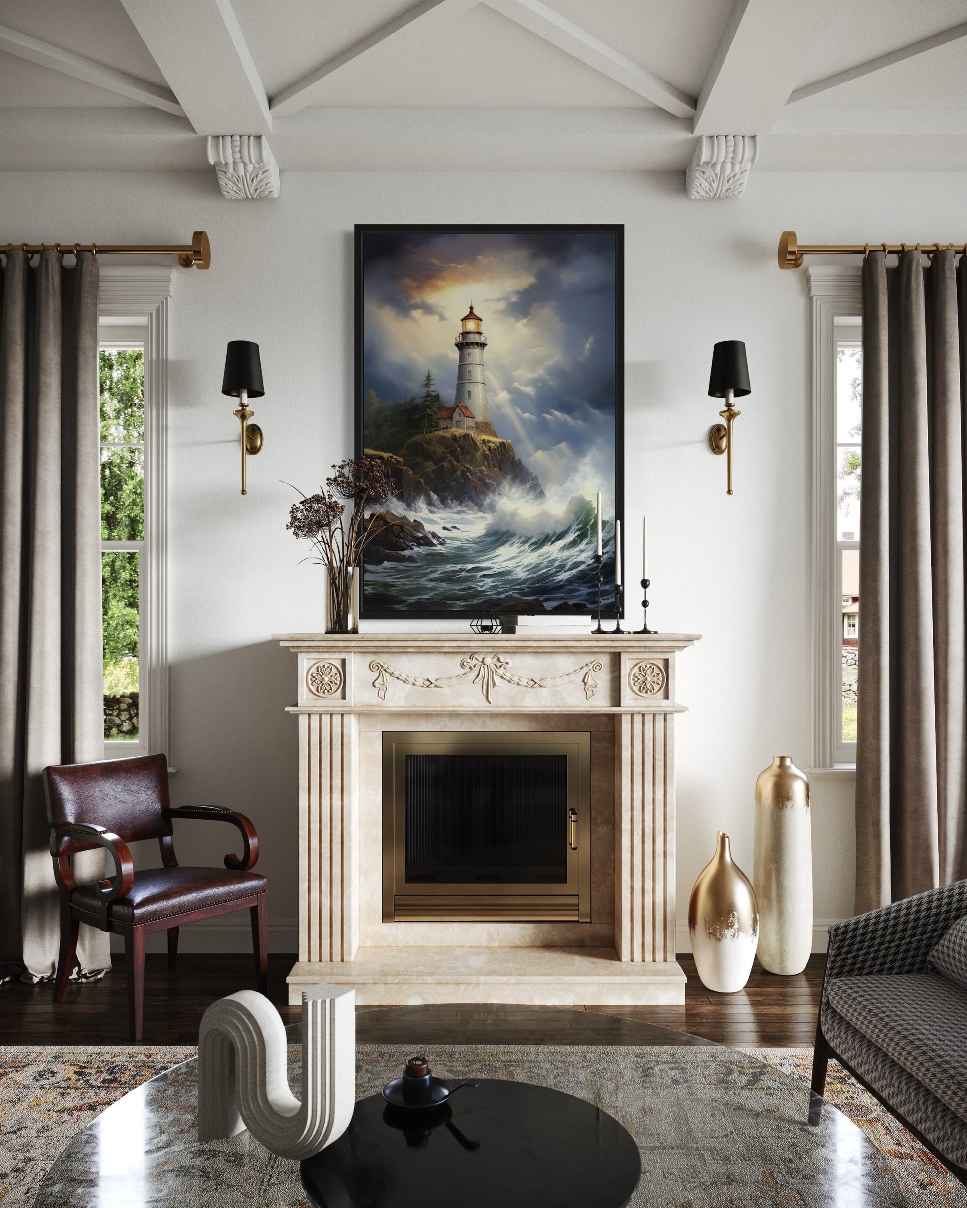 Lighthouse In Stormy Ocean Framed Nautical Canvas Wall Art
