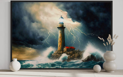 Lighthouse In Stormy Ocean Nautical Wall Art