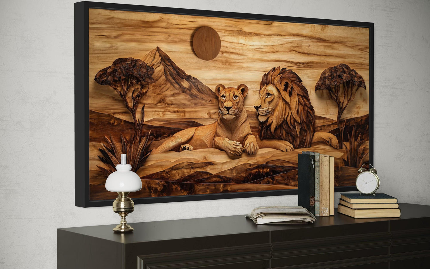 Lion And Lioness Couple In African Savanna Wood Texture Painting Canvas Print