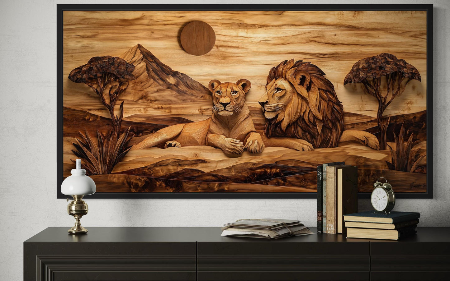 Lion And Lioness Couple In African Savanna Wood Texture Painting Canvas Print