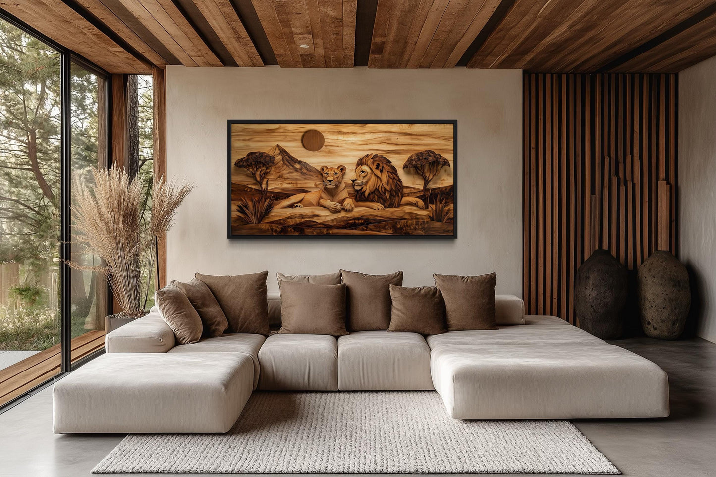 Lion And Lioness Couple In African Savanna Wood Texture Painting Canvas Print