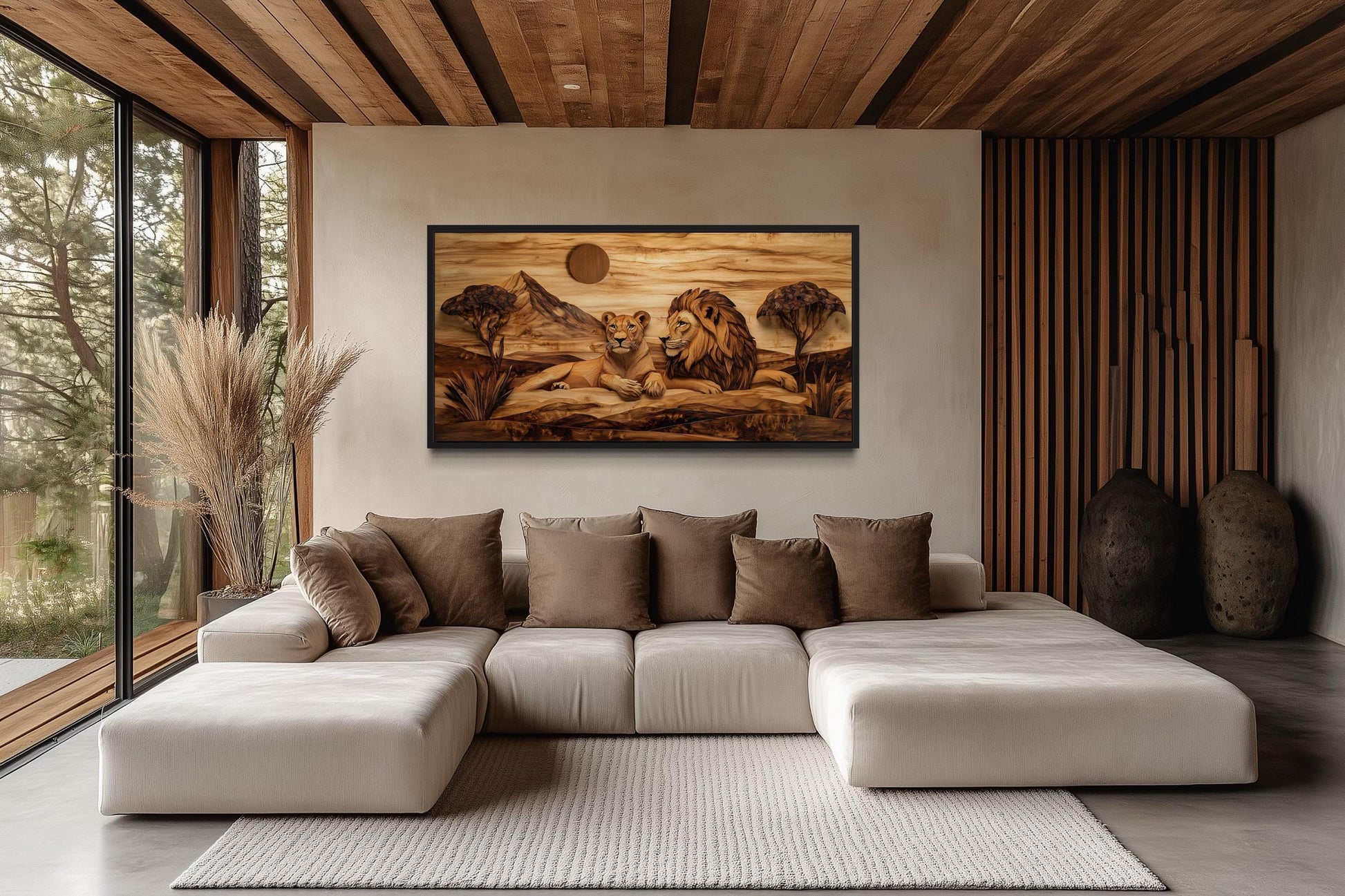 Lion And Lioness Couple In African Savanna Wood Texture Painting Canvas Print