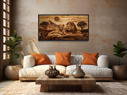 Lion And Lioness Couple In African Savanna Wood Texture Painting Canvas Print