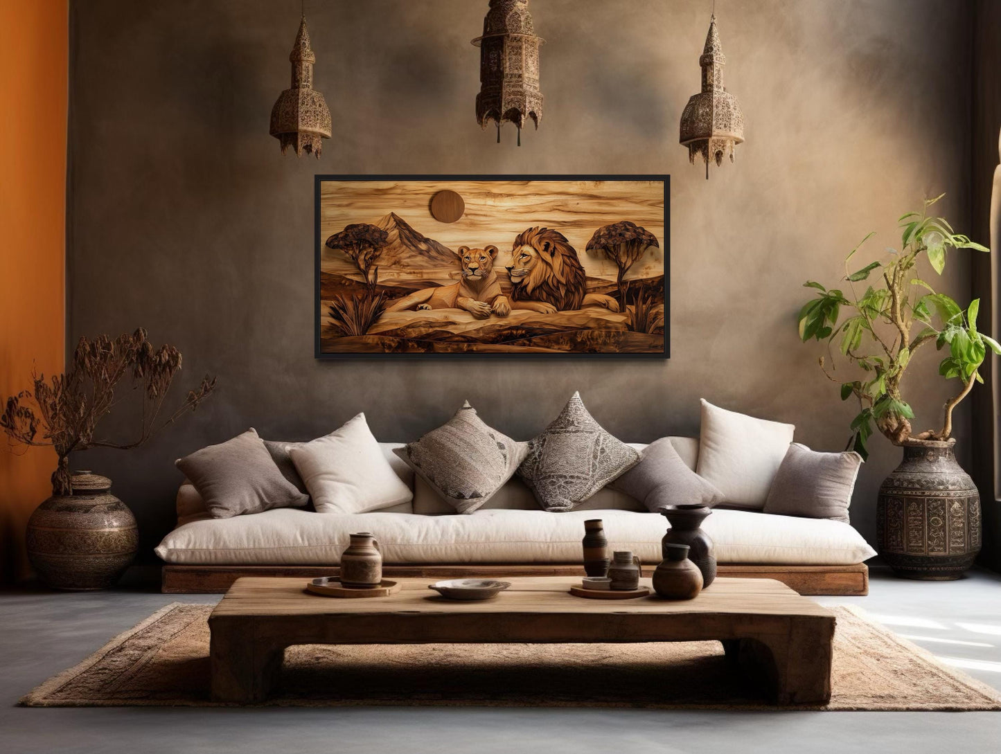 Lion And Lioness Couple In African Savanna Wood Texture Painting Canvas Print