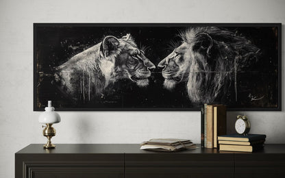 Lion And Lioness Long Horizontal Black White Romantic Bedroom Wall Art