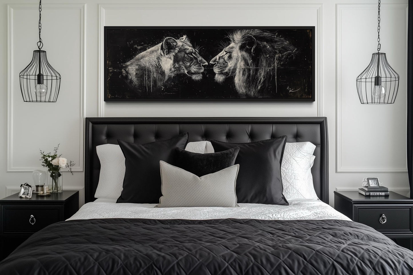 Lion And Lioness Long Horizontal Black White Romantic Bedroom Wall Art